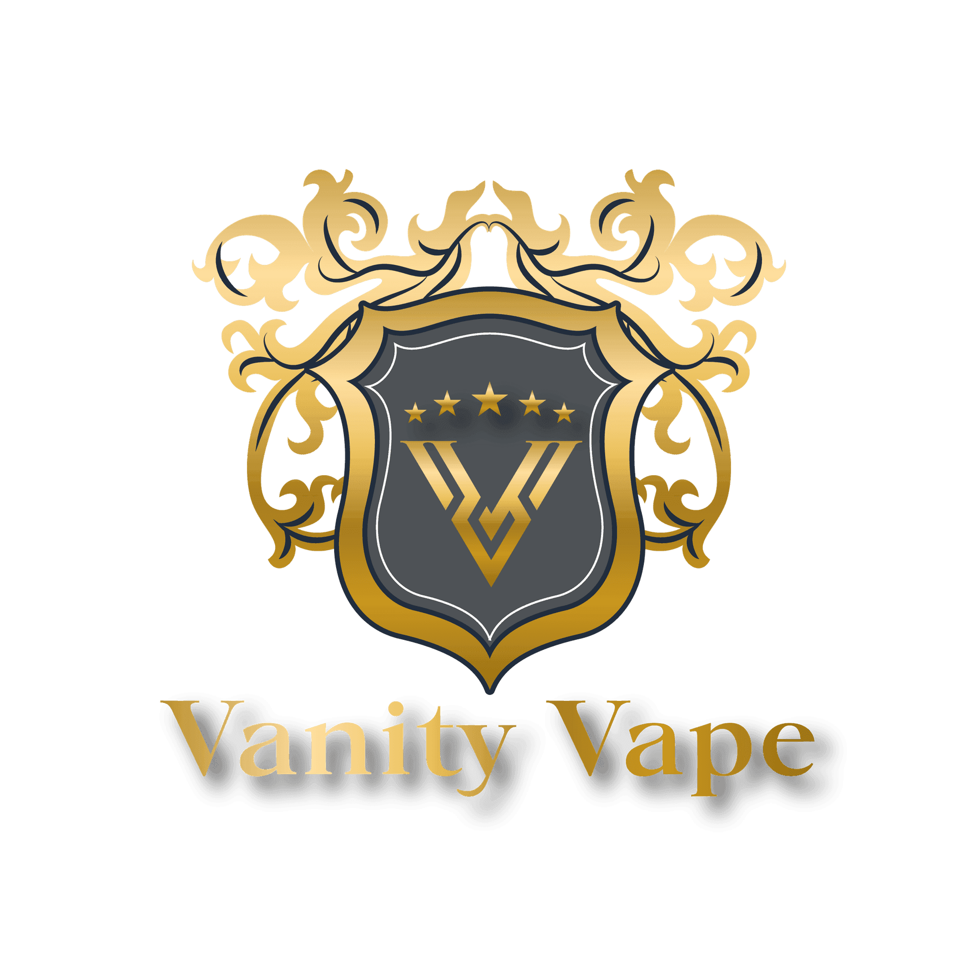 Vanity Vape logo featuring a decorative gold and gray shield with ornate patterns and stars.